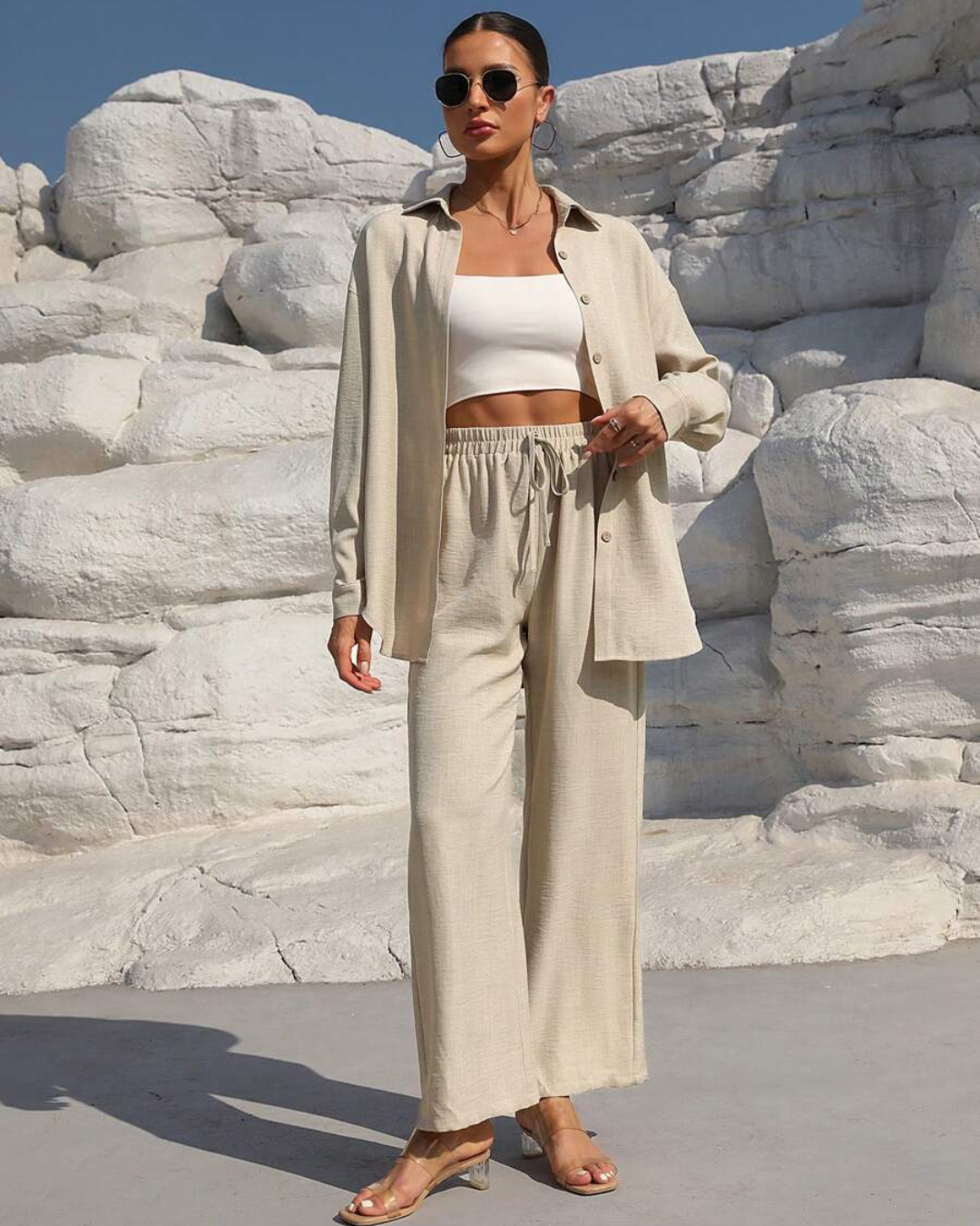 Conjunto de Camisa con Botones y Pantalón Ancho con Cintura Ajustada