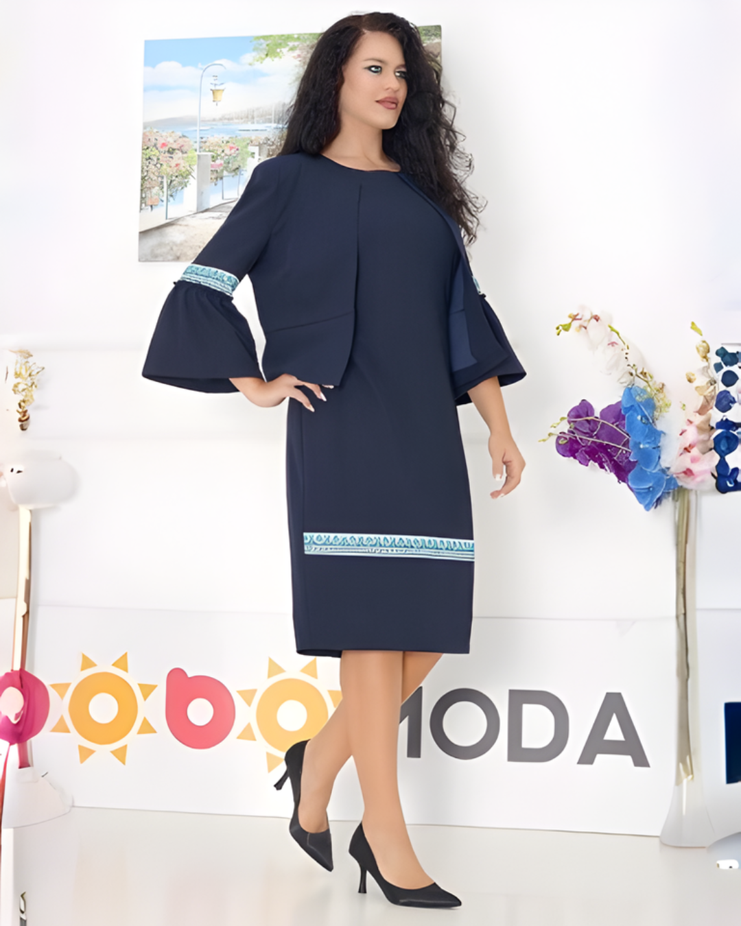 Conjunto Elegante de Vestido y Saco con Toques Artesanales