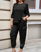 Conjunto Casual de Verano para Mujer de 2 Piezas con Camisa de Manga 3/4 y Pantalón Capri con Cordón de Ajuste®