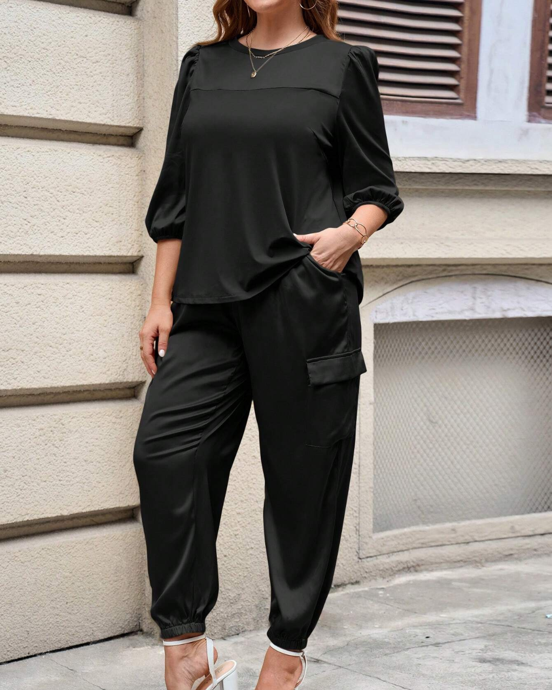 Conjunto Casual de Verano para Mujer de 2 Piezas con Camisa de Manga 3/4 y Pantalón Capri con Cordón de Ajuste®