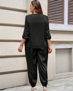 Conjunto Casual de Verano para Mujer de 2 Piezas con Camisa de Manga 3/4 y Pantalón Capri con Cordón de Ajuste®