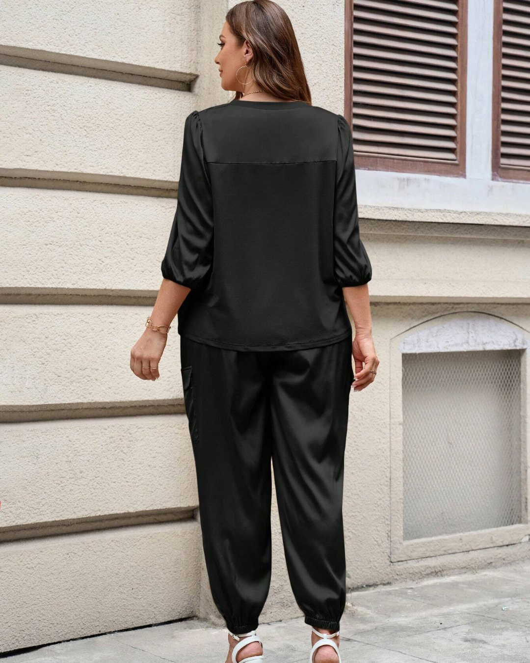 Conjunto Casual de Verano para Mujer de 2 Piezas con Camisa de Manga 3/4 y Pantalón Capri con Cordón de Ajuste®