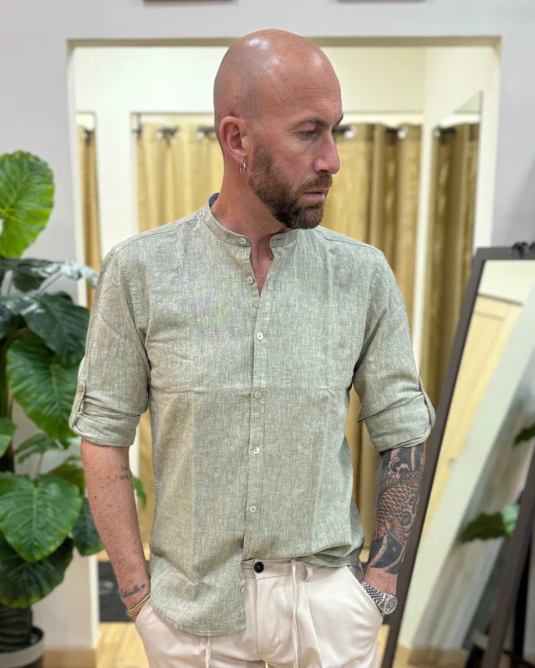 Camisa de Manga Larga en tejido de Lino para Hombre