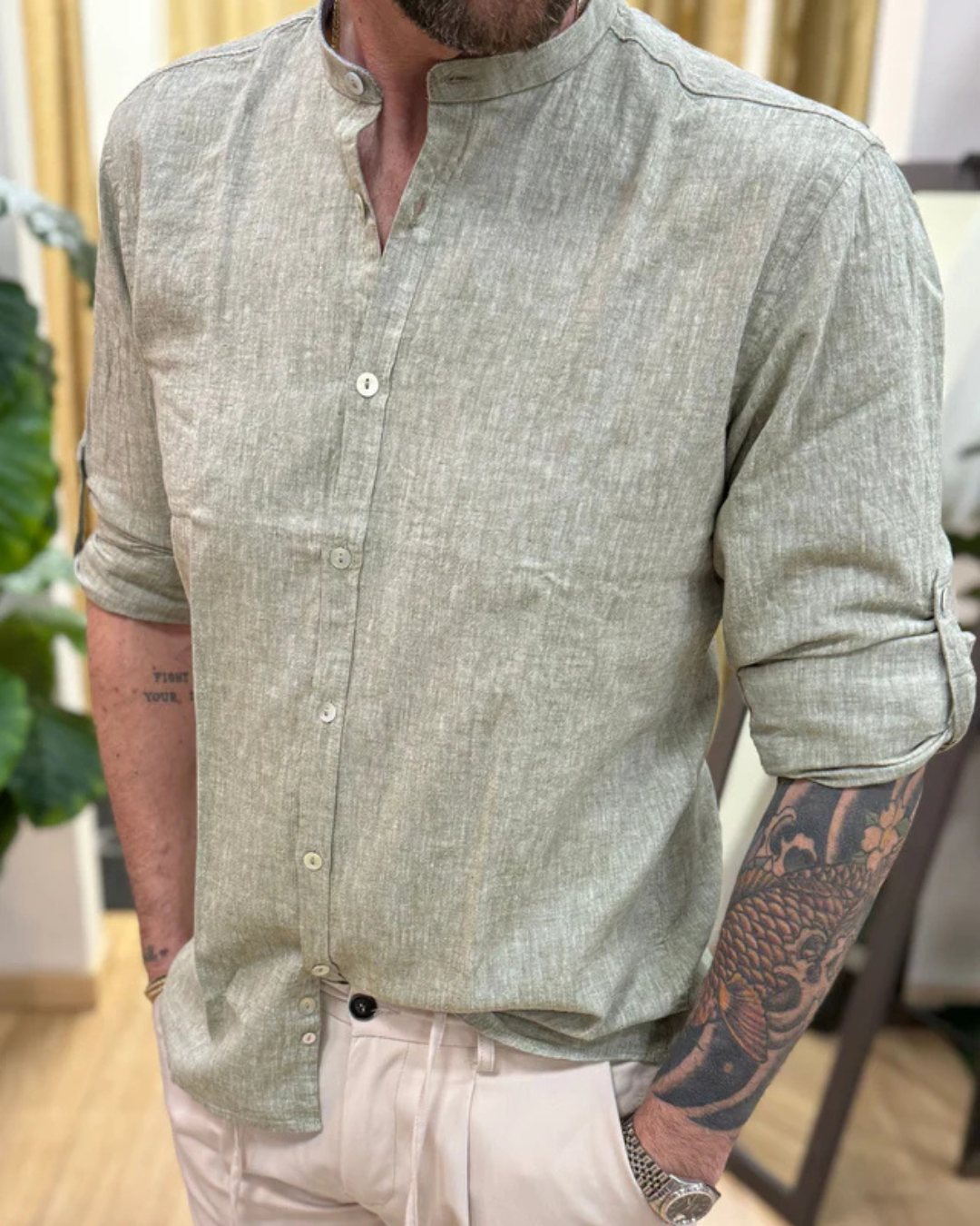 Camisa de Manga Larga en tejido de Lino para Hombre