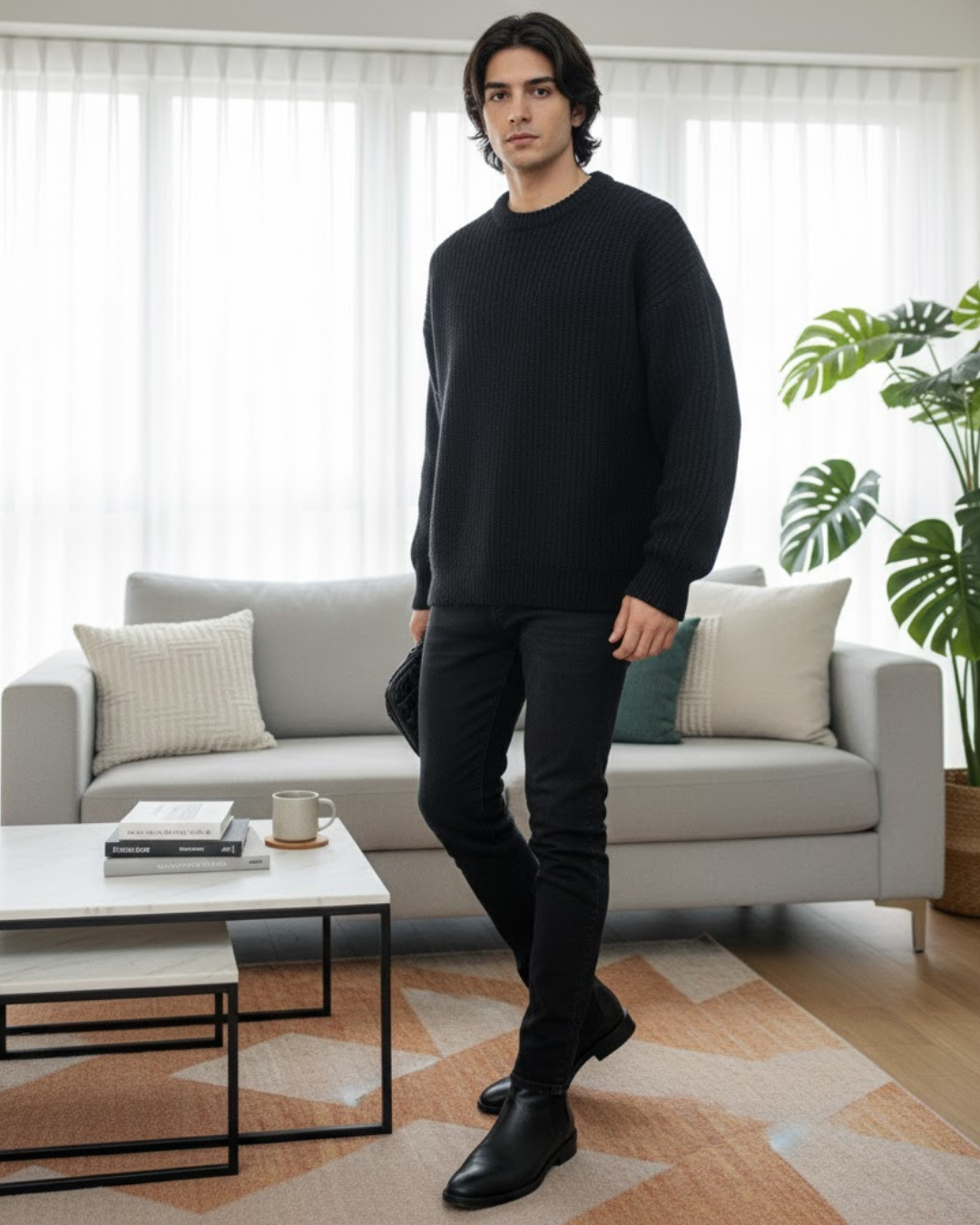 Suéter de Punto Clásico con Cuello Redondo Para Hombre