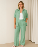 Conjunto de 2 Piezas Casual con Tejido de Algodón y Lino con Camisa de Botones Frontales y Pantalón Clásico