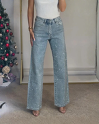 Pantalón de Corte Recto y Cintura Alta con Detalles Brillantes para Mujer