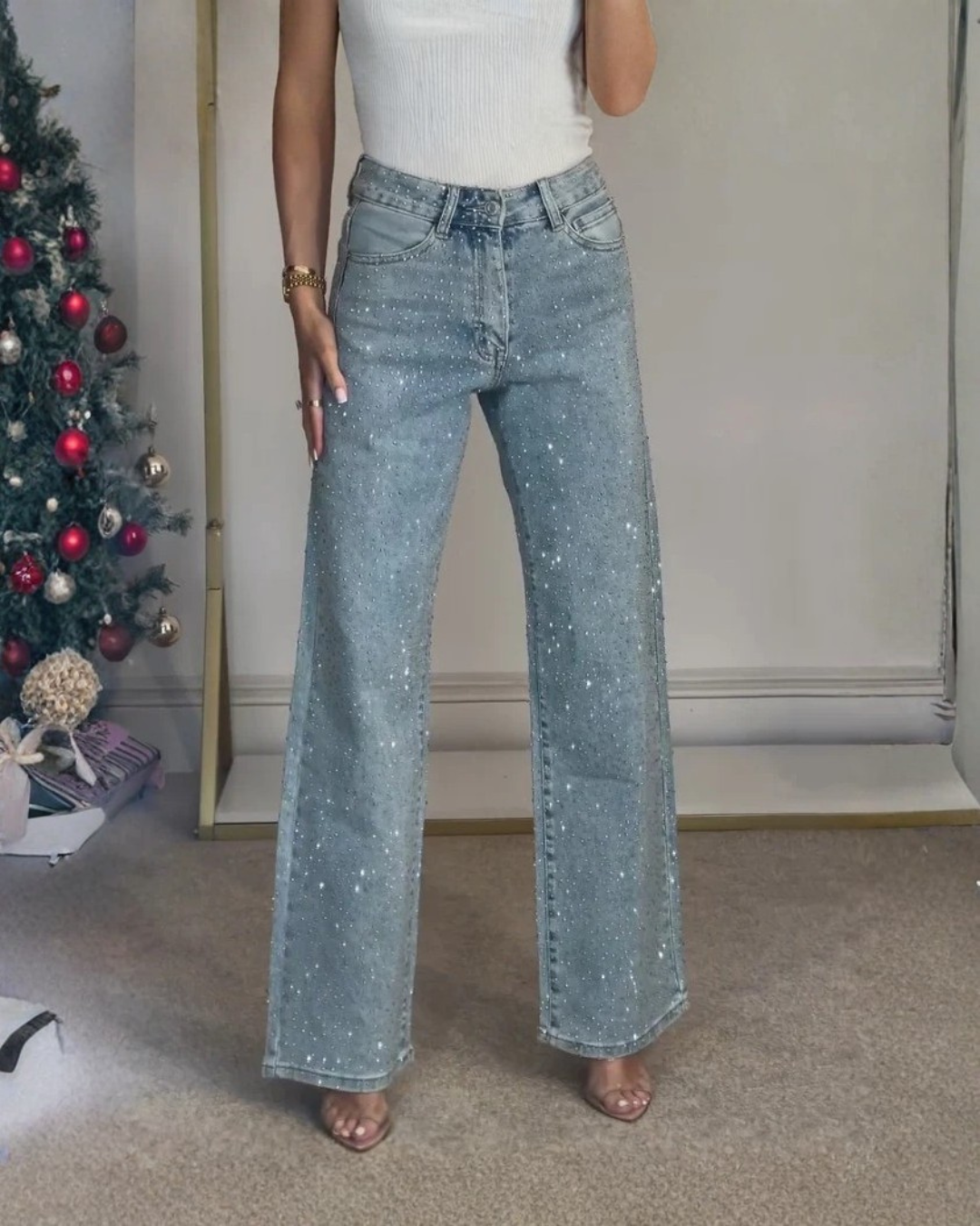 Pantalón de Corte Recto y Cintura Alta con Detalles Brillantes para Mujer