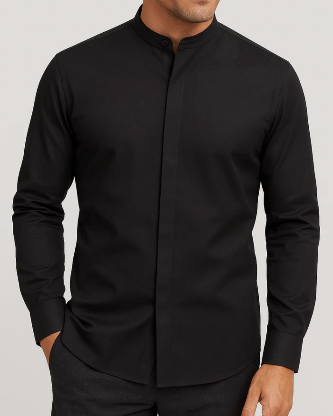 Camisa Manga Larga con Cuello Mao y Cierre Oculto para Hombre