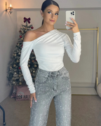 Pantalón estilo Vaqueros de Pierna Ancha con Diamante para Mujer