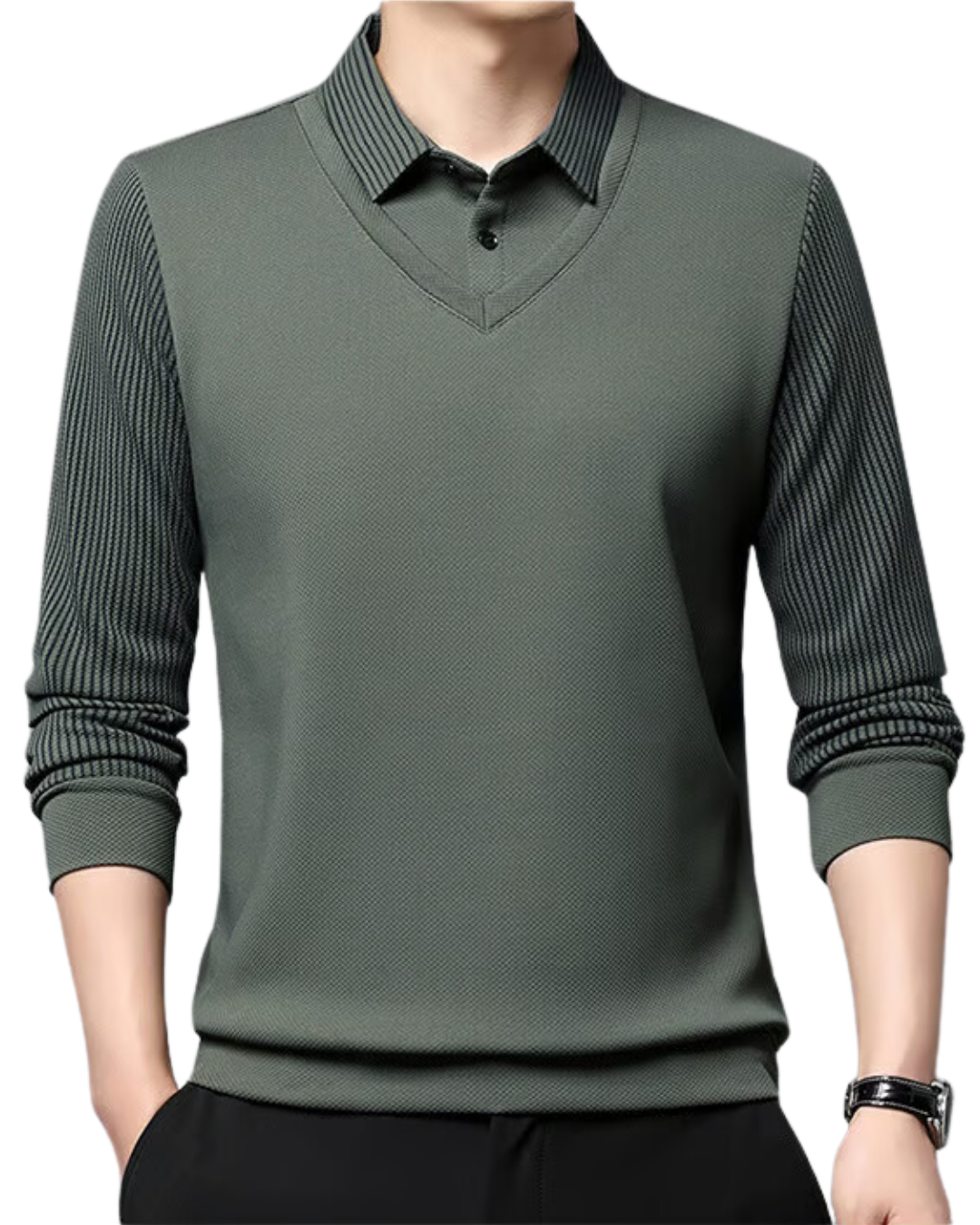 Camisa de Dos Piezas con Cuello Falso a Rayas para Hombres