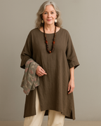 Camisa Suelta de Lino con Mangas 3/4 y Estilo Relajado