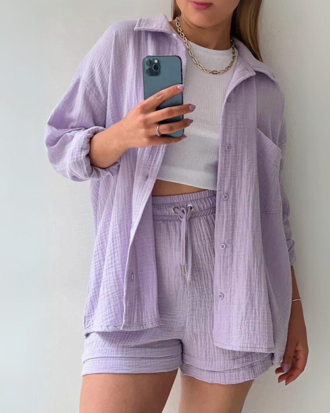 Conjunto de camisa de manga larga y short corto de cintura alta