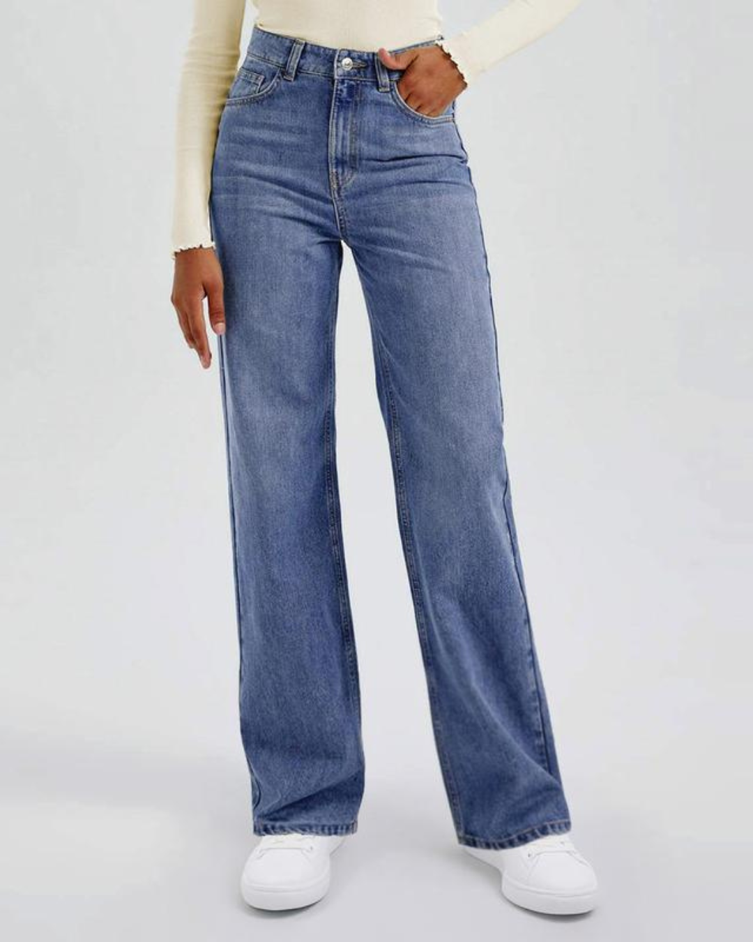 Pantalón Vaquero de Mujer de Tiro Alto con Piernas Largas y Múltiples Bolsillos