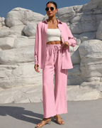 Conjunto de Camisa con Botones y Pantalón Ancho con Cintura Ajustada