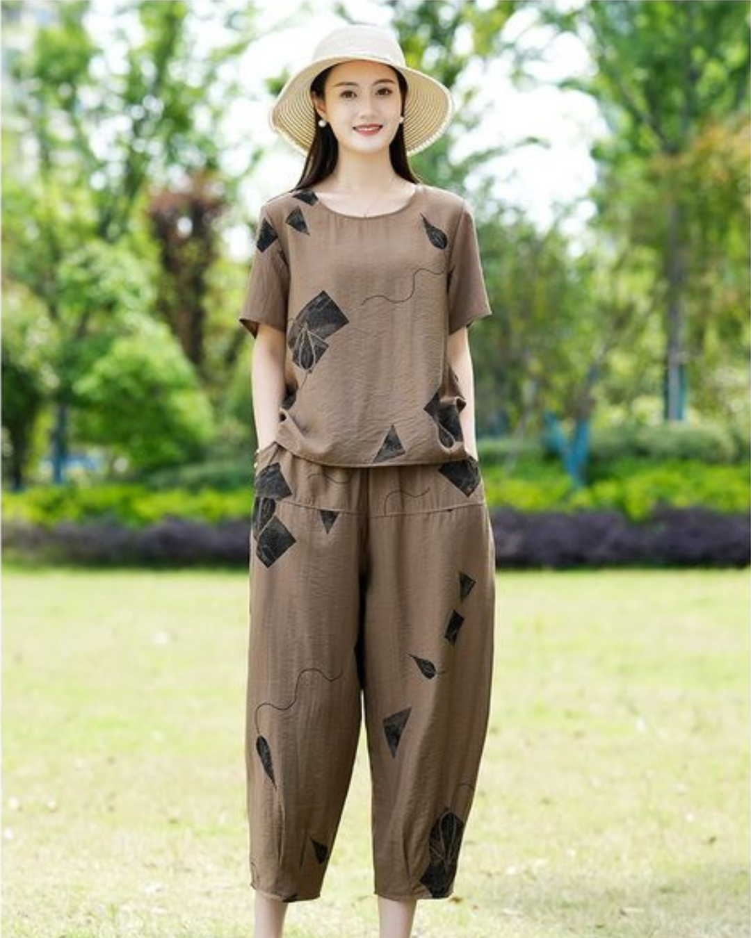 Conjunto de Dos Piezas de Lino con Estampado Artístico para Mujer