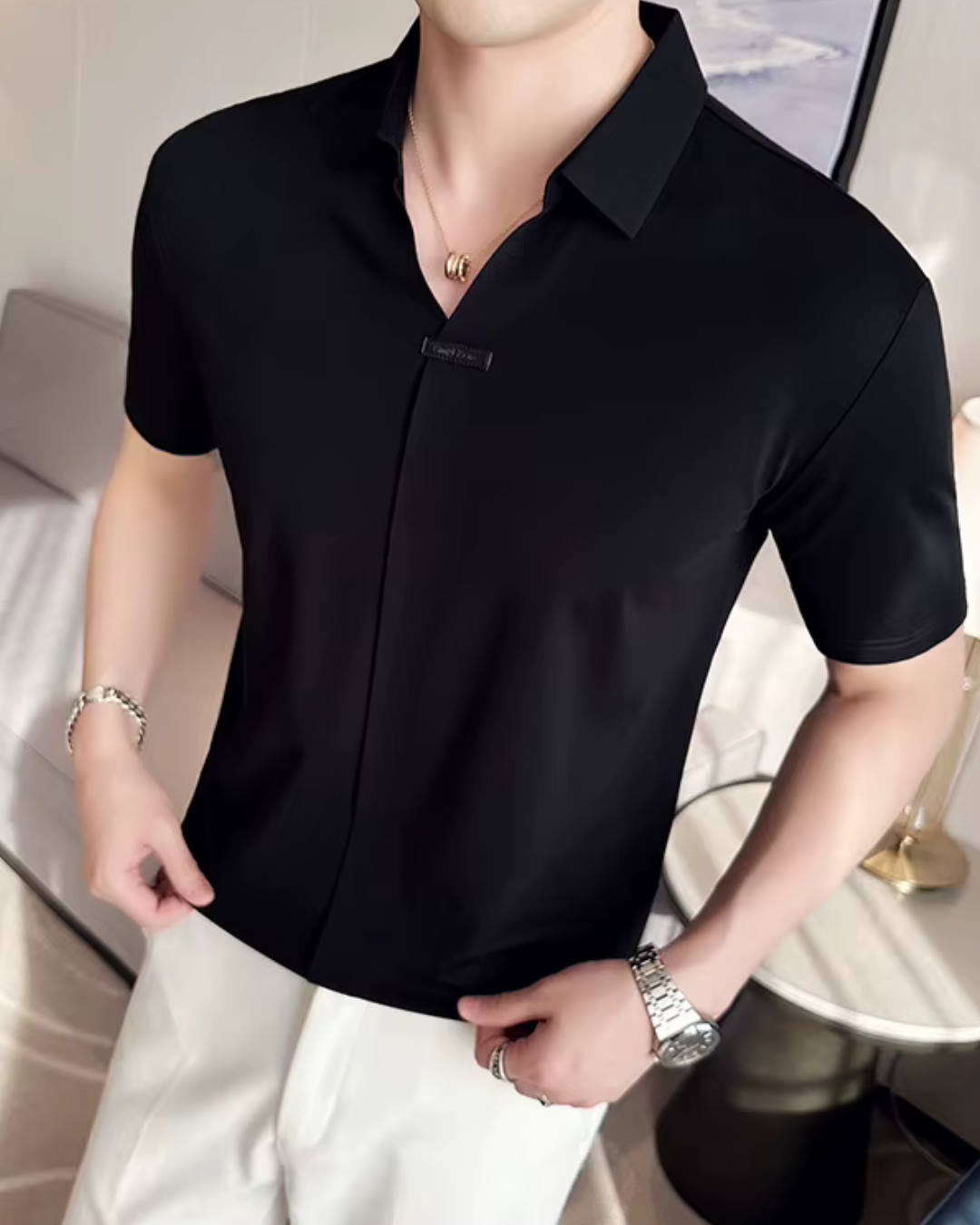 Polo de Hombre de Gran Elasticidad, Ligero, Suave y Resistente a las Arrugas en Color Liso