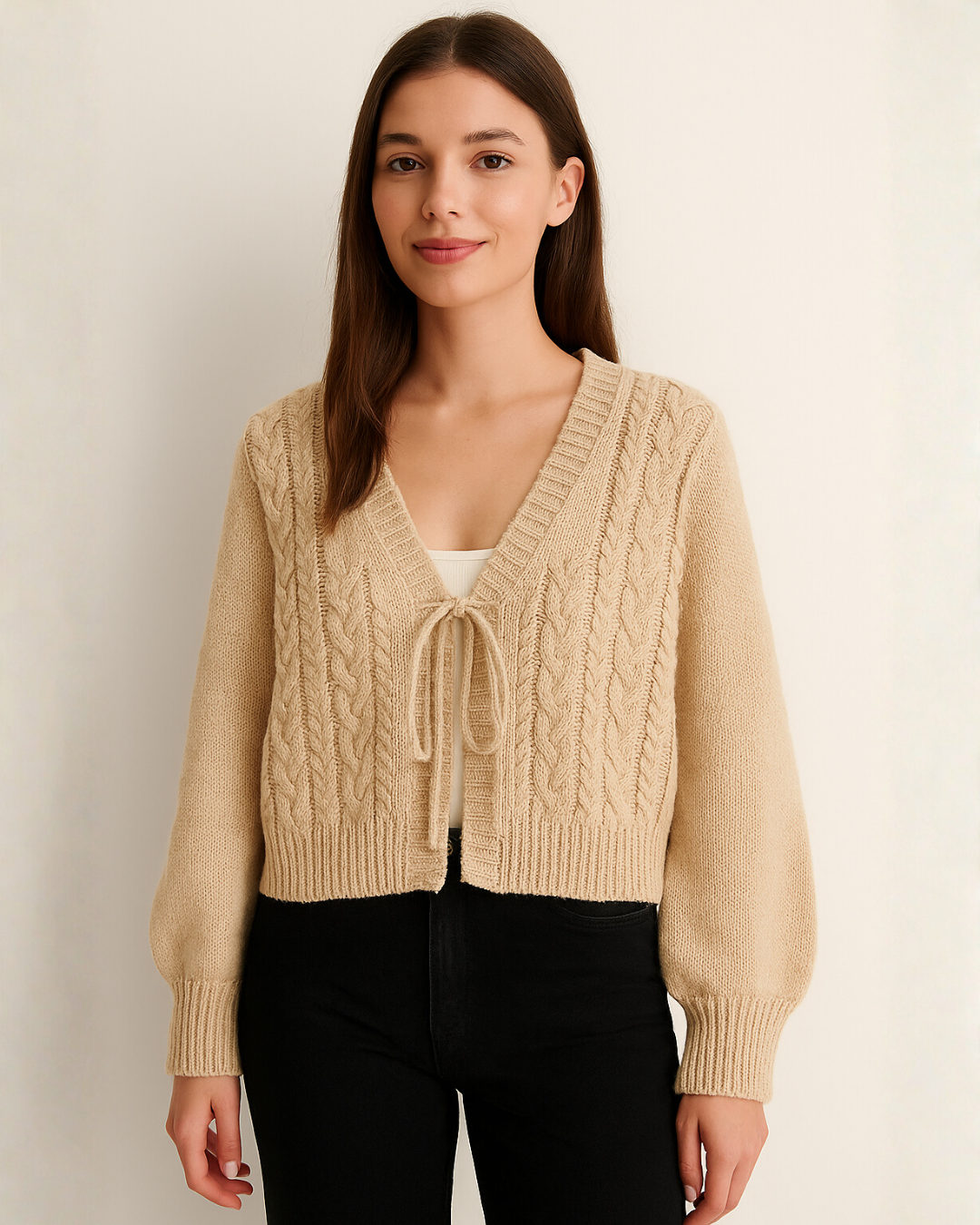Cárdigan Corto de Punto Trenzado con Lazos para Mujer
