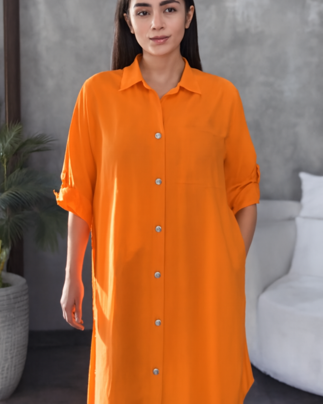 Vestido Camisero Holgado de Tela Fresca