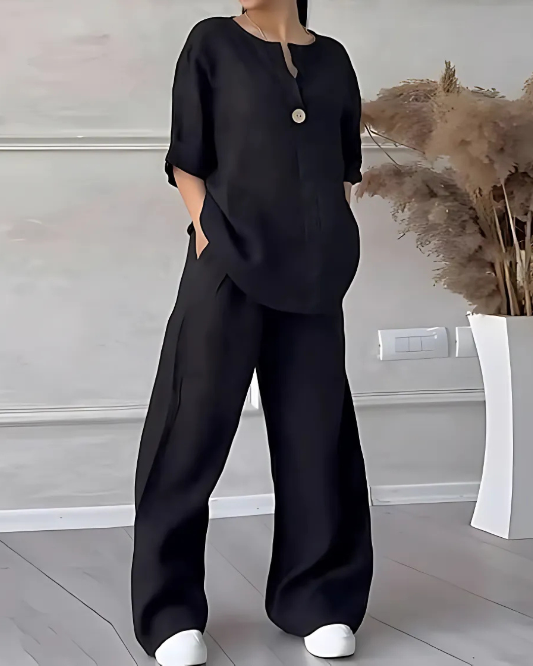 Conjunto Informal de Dos Piezas de Algodón y Lino Decorado con Botones para Mujer®