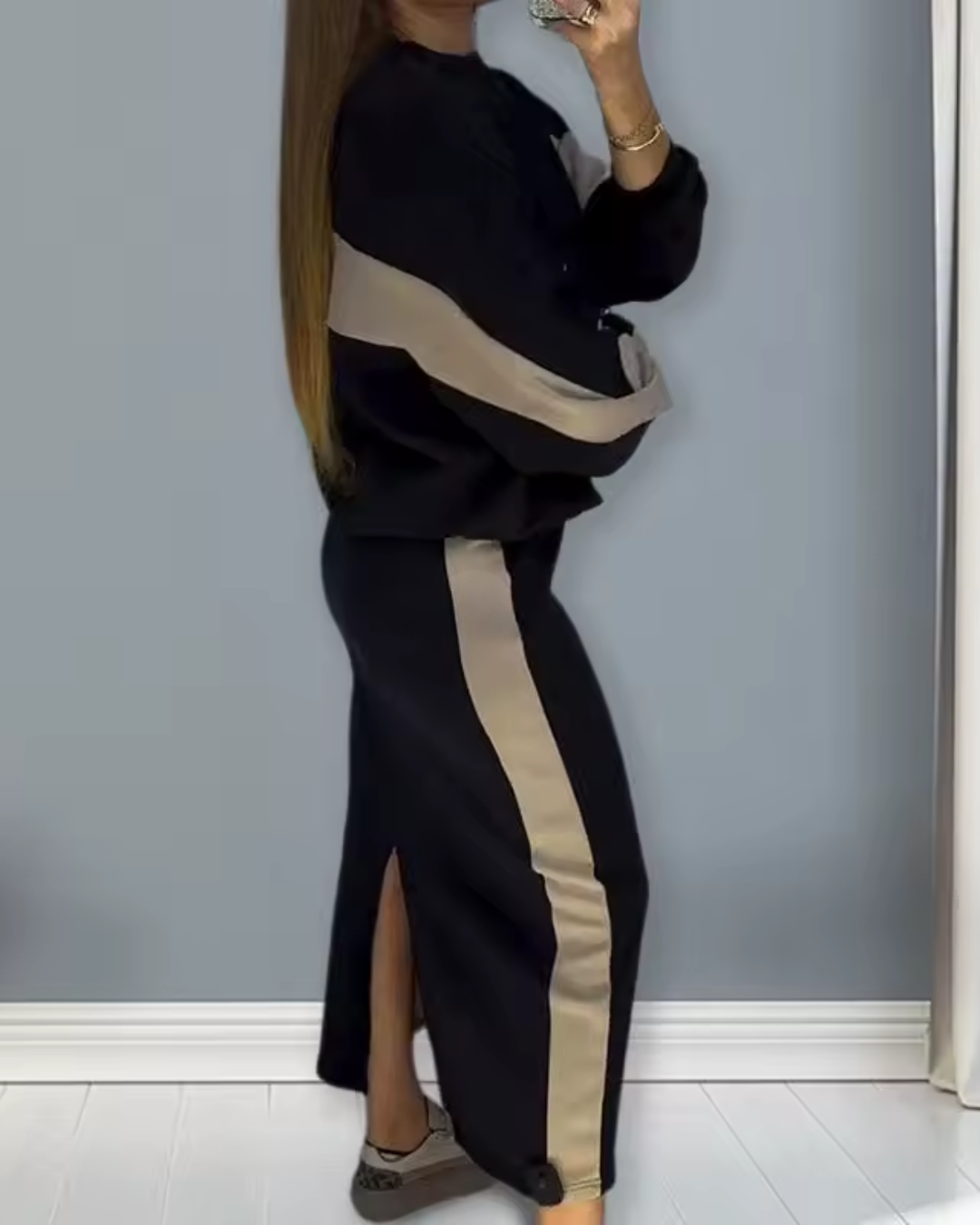 Conjunto holgado con top de manga larga y falda con abertura®