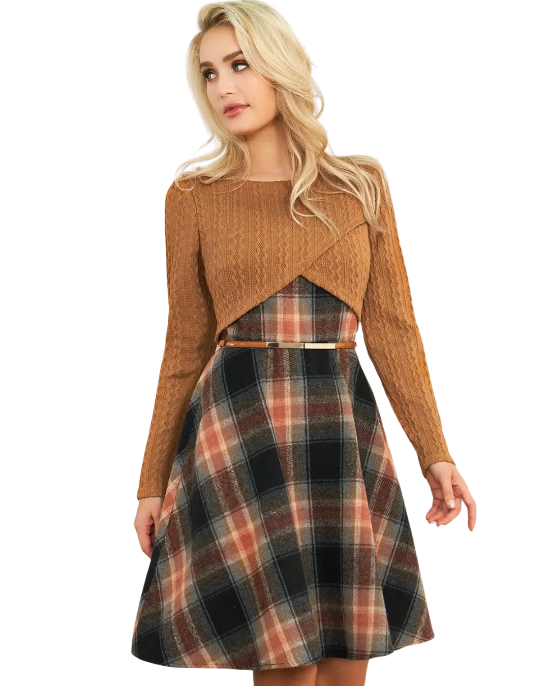 Top Corto de Punto Trenzado Cruzado y Vestido Mini de Cuadros Vintage®