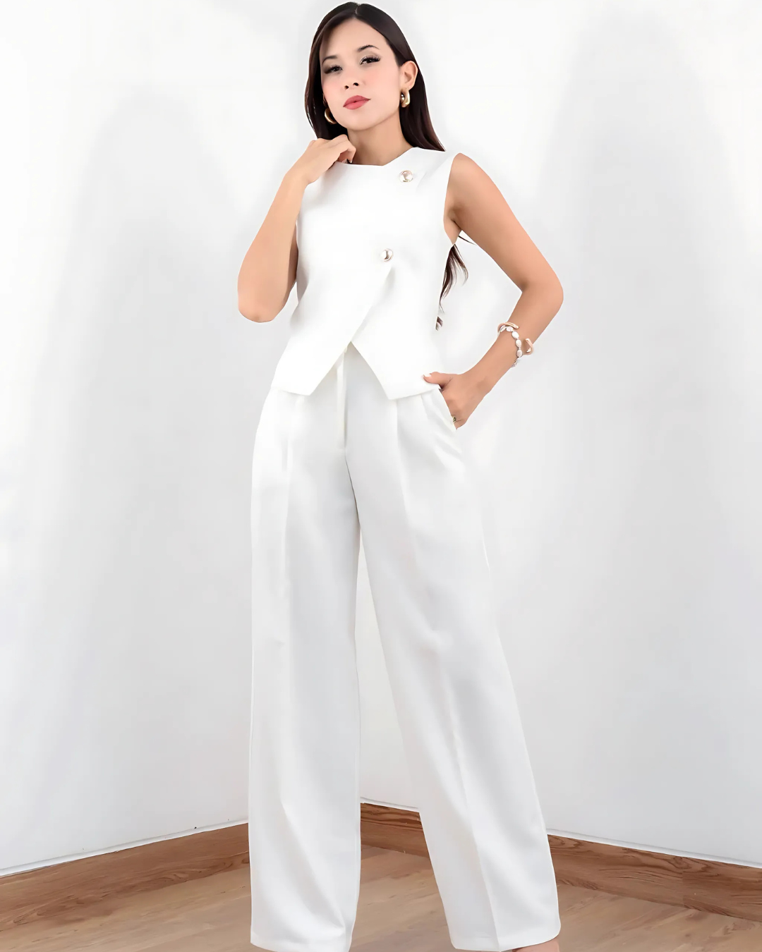 Conjunto de Dos Piezas de Top con Botones Elegante y Pantalón Corto Ancho para Mujer