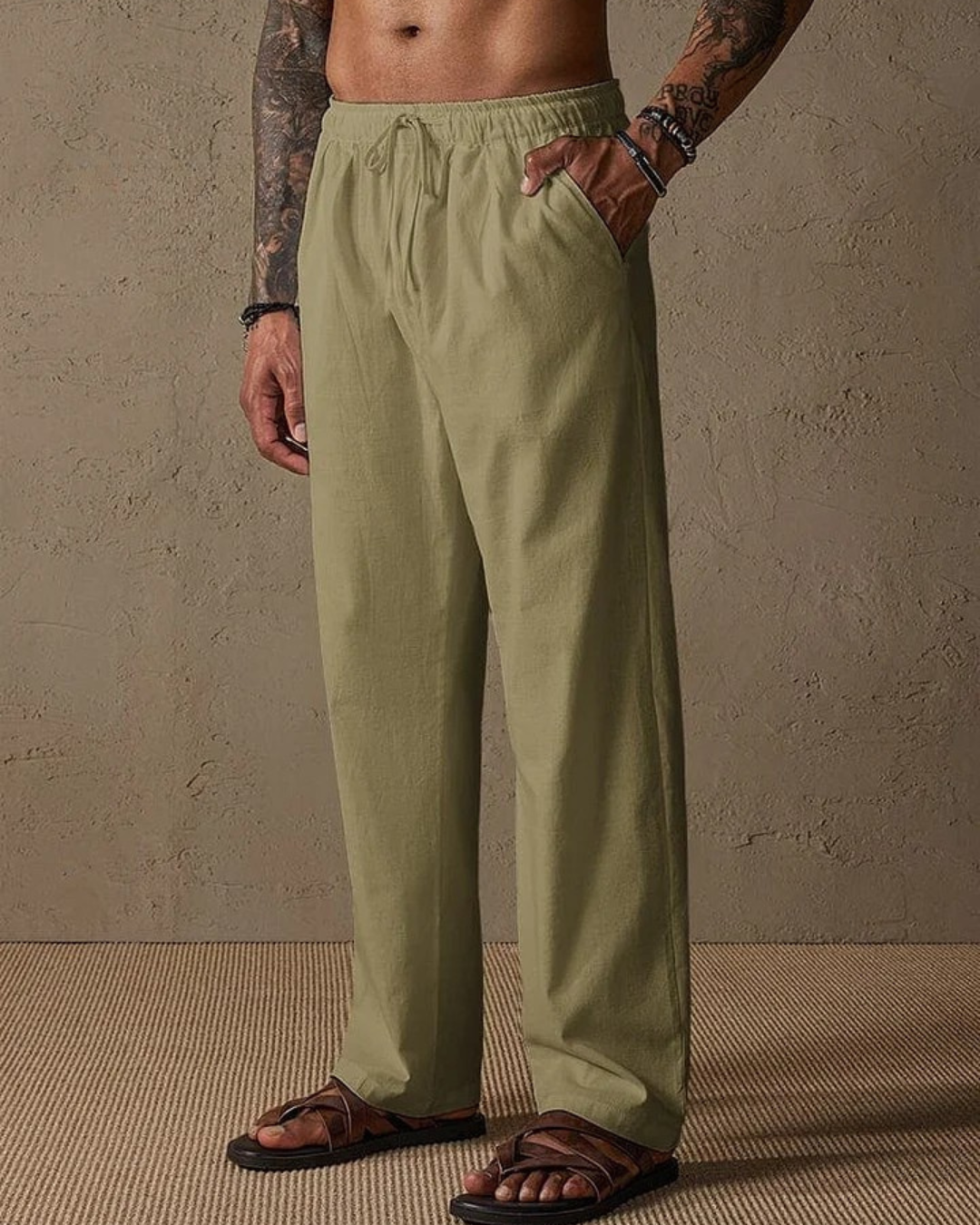 Pantalón con Corte Recto y Cintura Ajustable de Lino para Hombre