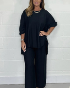 Conjunto Casual de Mujer con Blusa Asimétrica y Pantalón de Piernas Anchas®