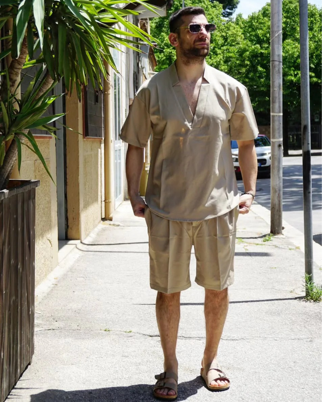 Conjunto De Short y Camisa 3/4 con Acabado en Lino para Hombres