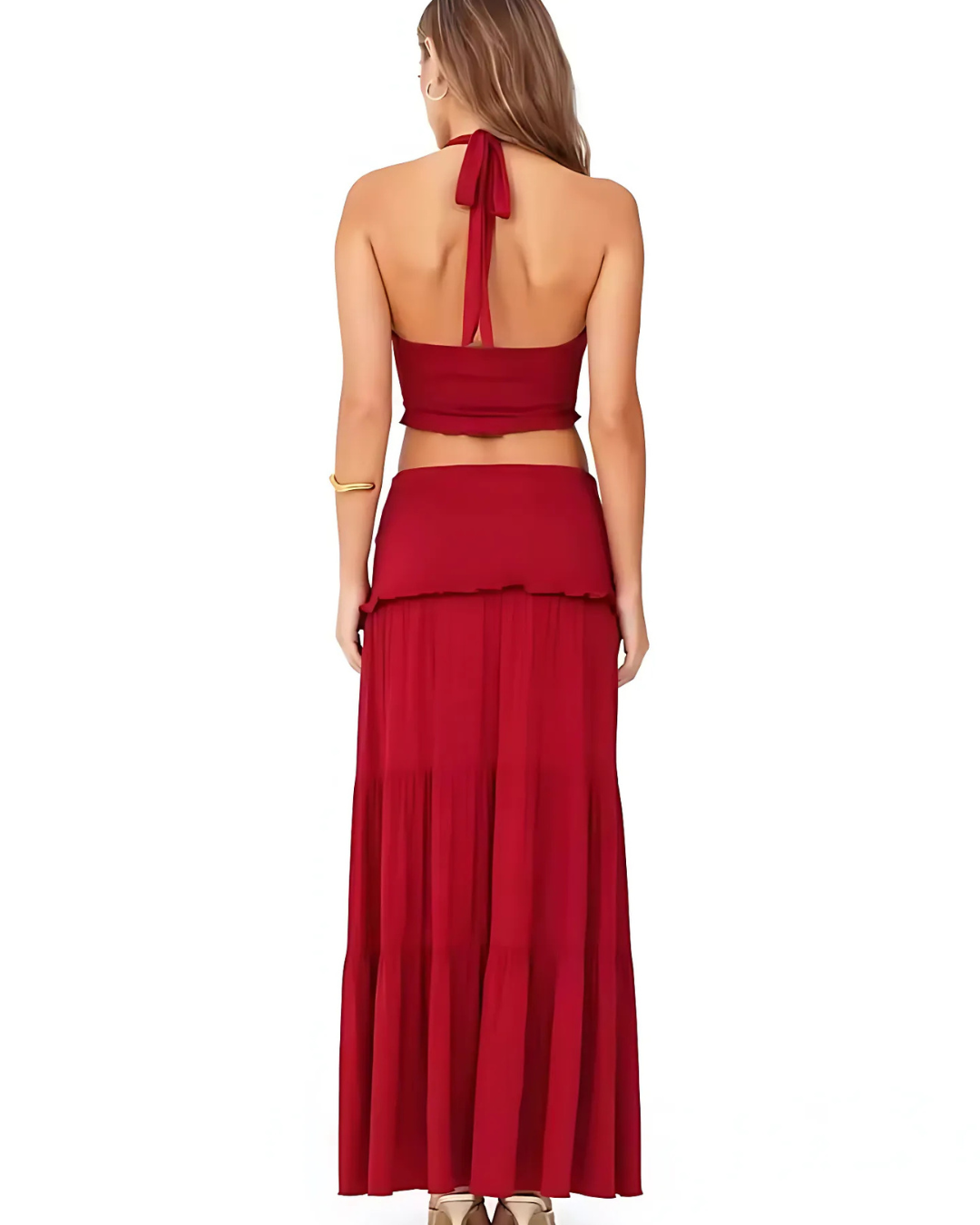 Conjunto con cuello halter de escote en V y falda larga para mujer