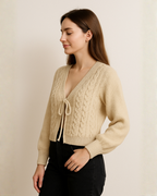 Cárdigan Corto de Punto Trenzado con Lazos para Mujer