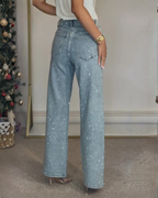 Pantalón de Corte Recto y Cintura Alta con Detalles Brillantes para Mujer