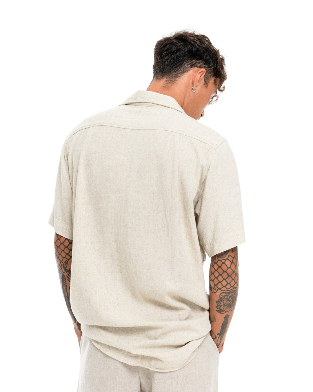 Camisa de Manga Corta para Hombre con Bolsillo Frontal y Tejido de Lino