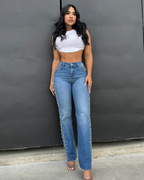 Pantalón Recto con Perlas y Cristales a los Lados®