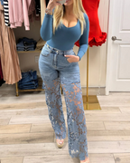 Pantalón de jean para mujer con encaje floral en las piernas