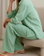 Conjunto de 2 Piezas Casual con Tejido de Algodón y Lino con Camisa de Botones Frontales y Pantalón Clásico