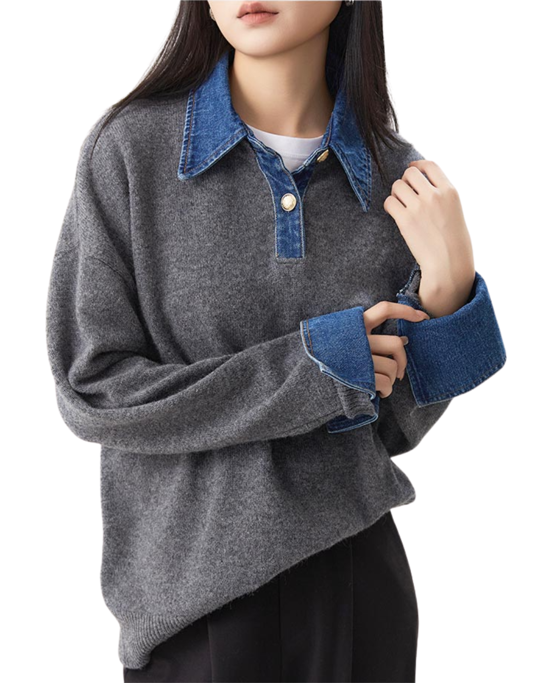 Camisa Manga Larga con Detalles en Mezclilla