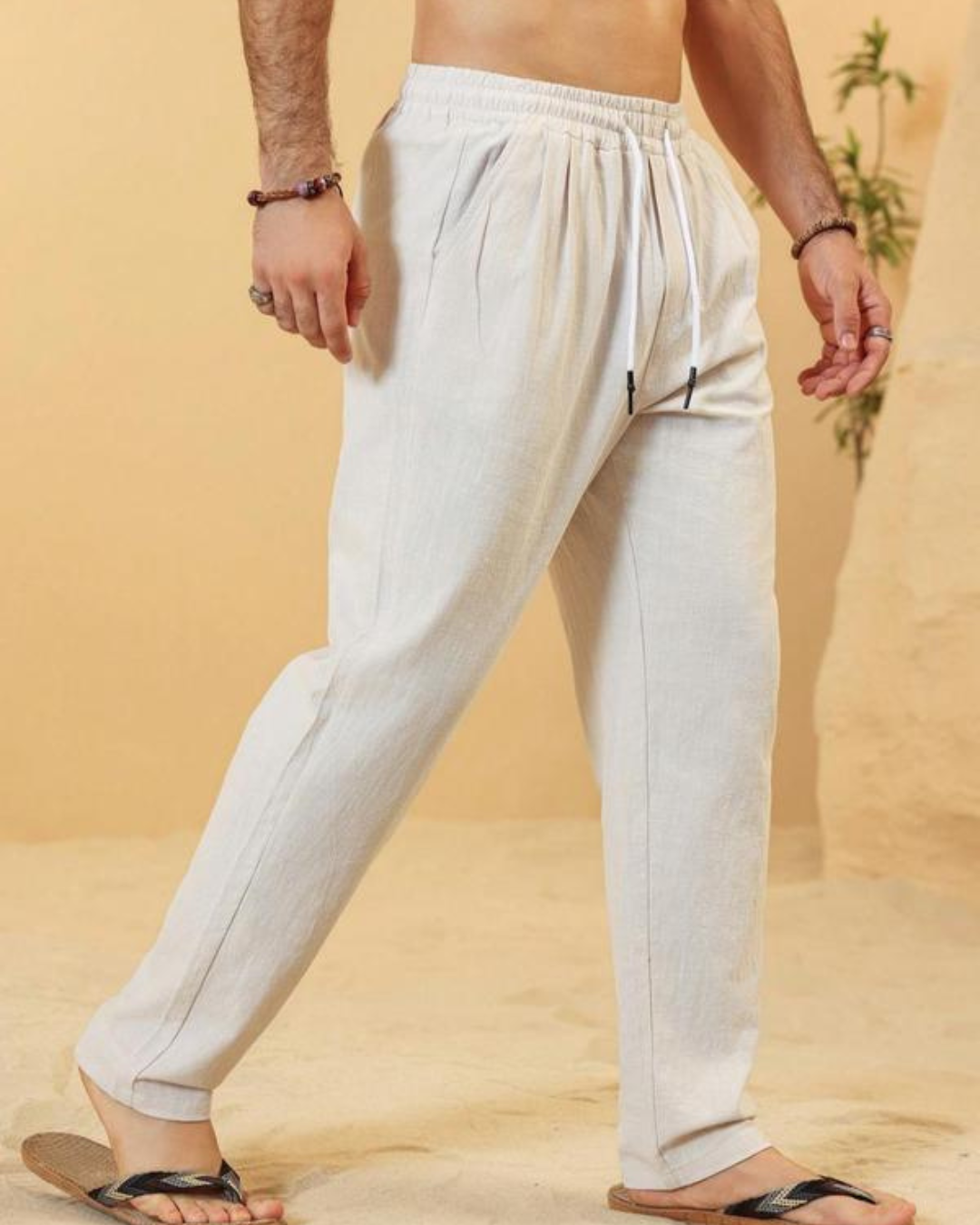 Pantalón Largo de Lino con Cintura Elástica y Ajuste Relajado para Hombre