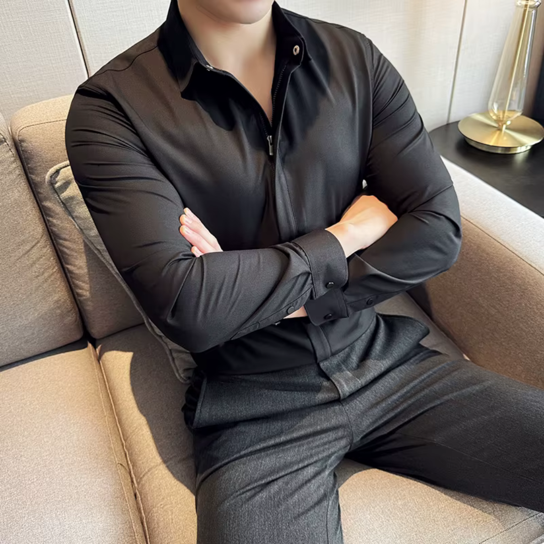 Camisa de Solapa de Color liso para Hombre con Cierre de Cremallera®