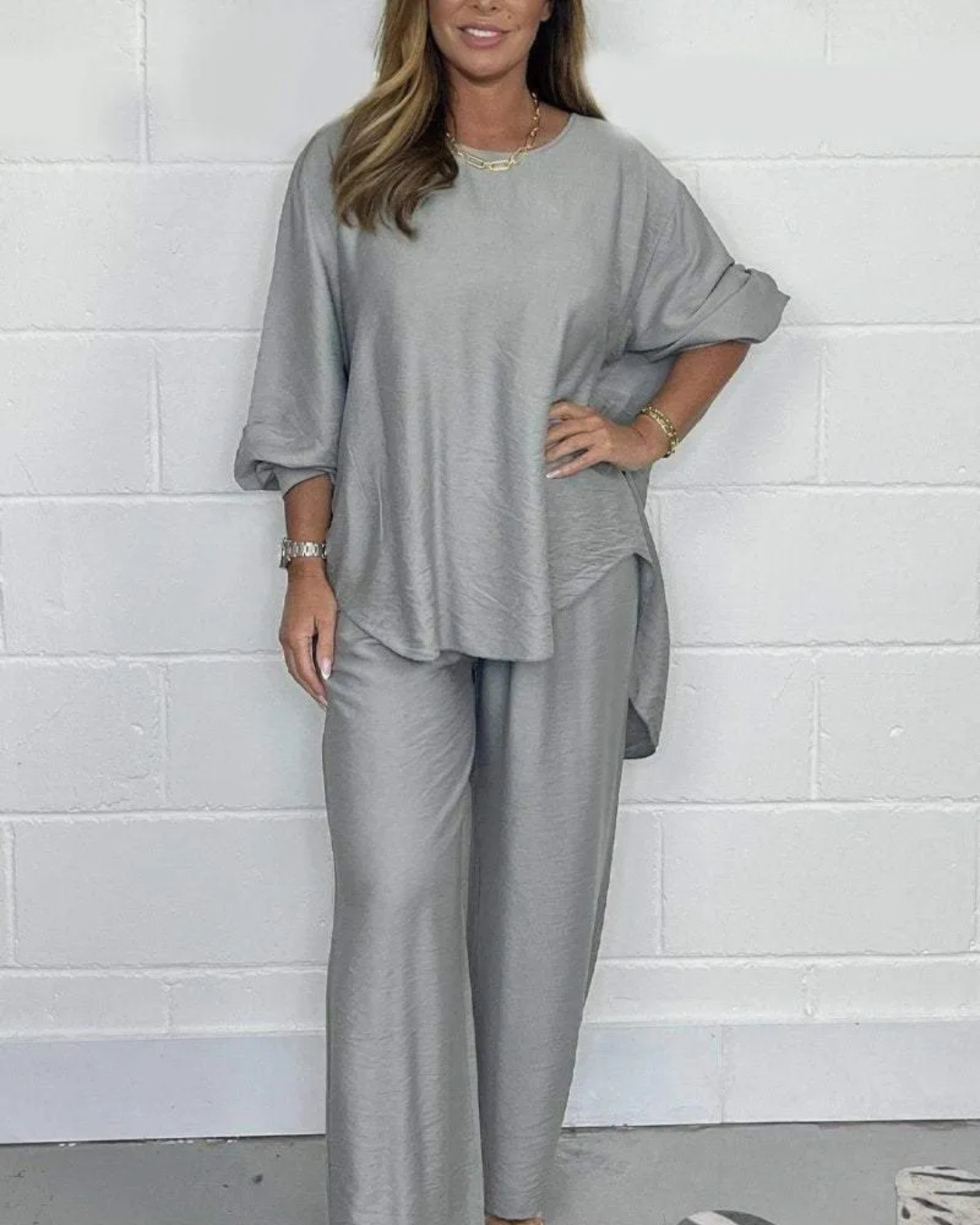 Conjunto Casual de Mujer con Blusa Asimétrica y Pantalón de Piernas Anchas®