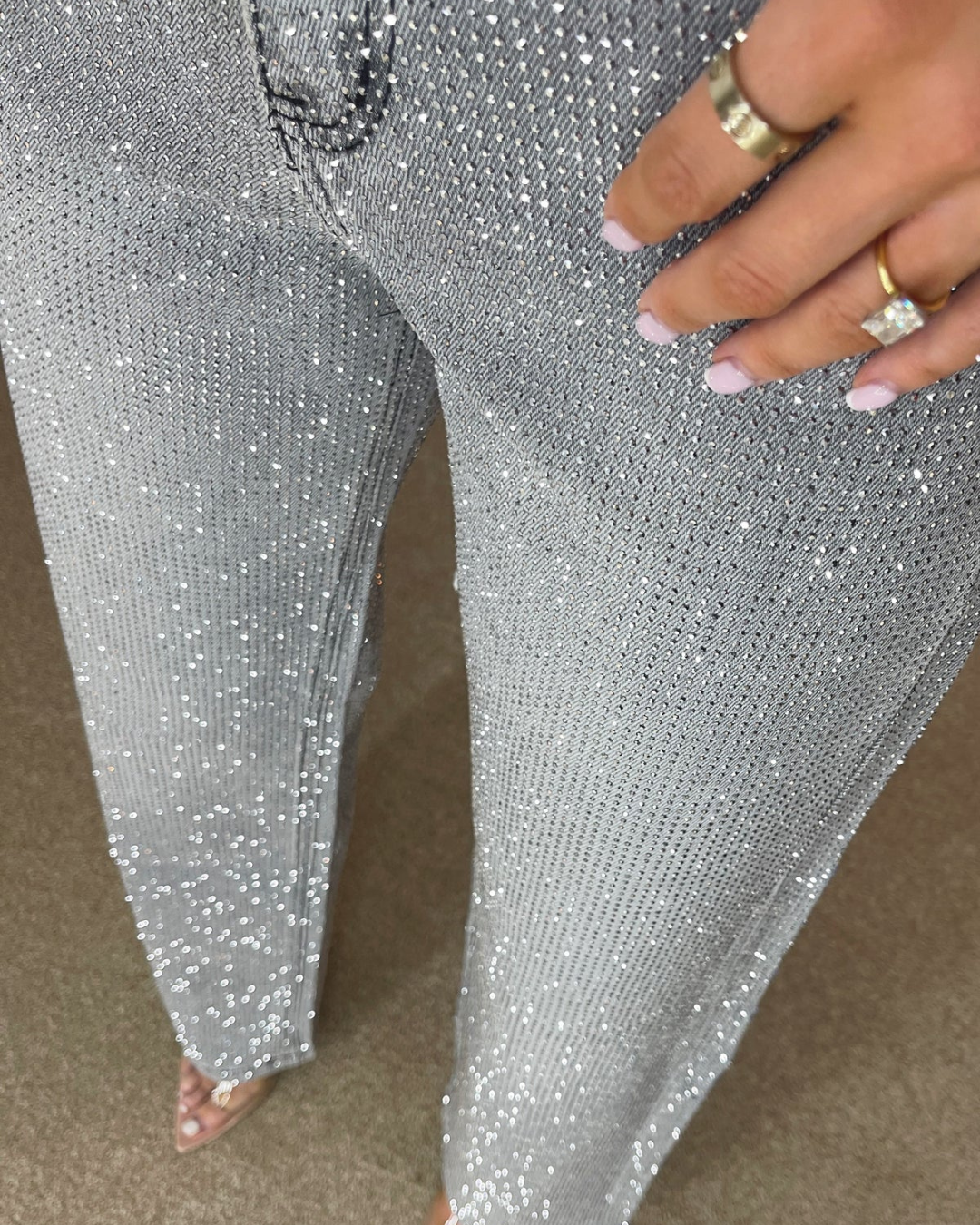 Pantalón estilo Vaqueros de Pierna Ancha con Diamante para Mujer