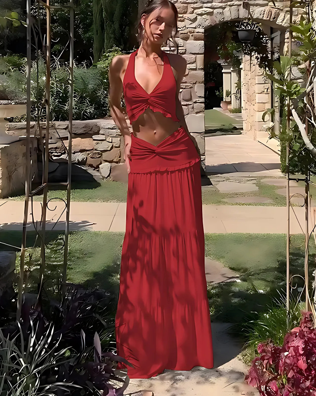 Conjunto con cuello halter de escote en V y falda larga para mujer