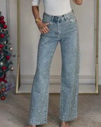 Pantalón de Corte Recto y Cintura Alta con Detalles Brillantes para Mujer