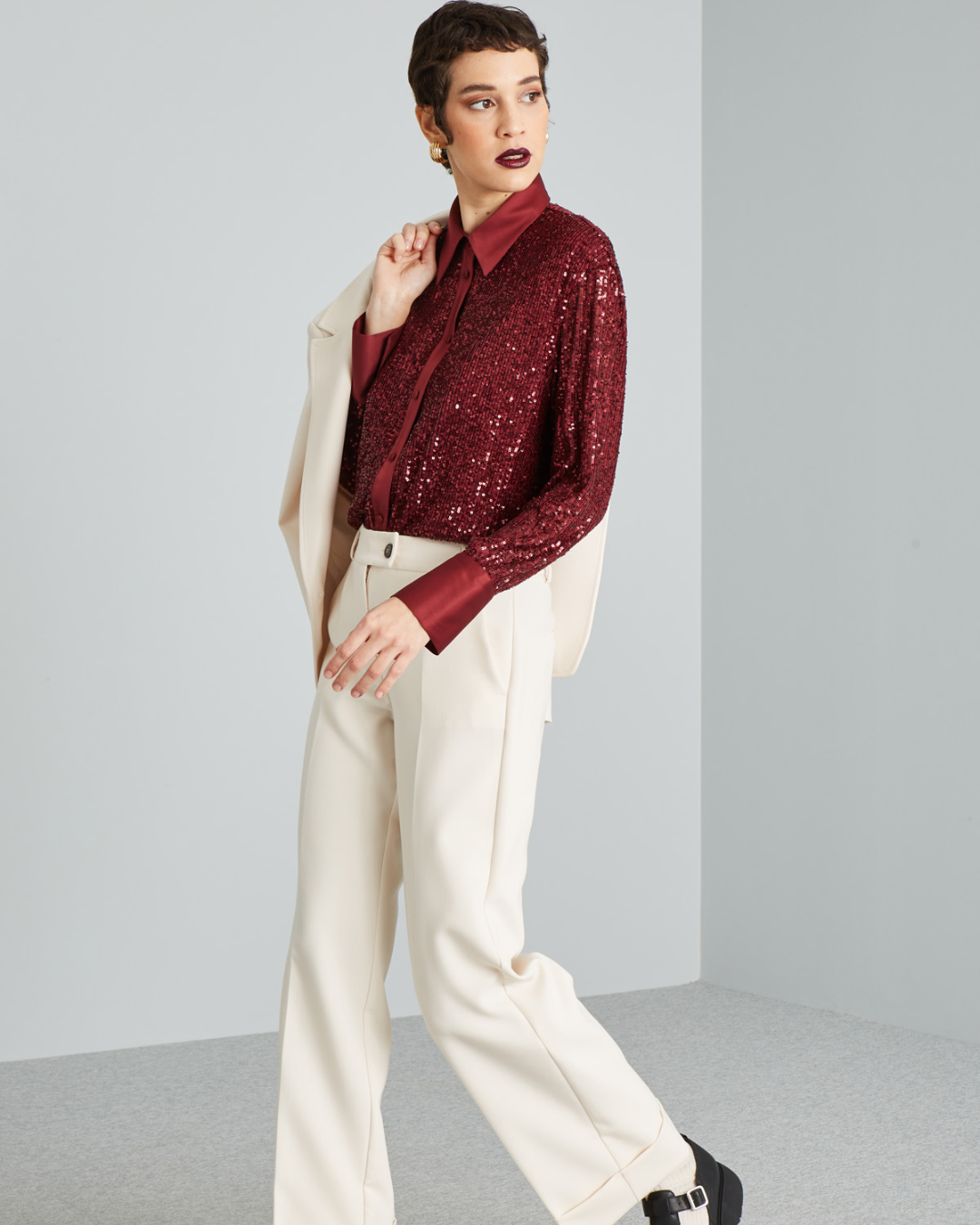 Camisa de Fiesta con Cuello y Lentejuelas de Purpurina para Mujer