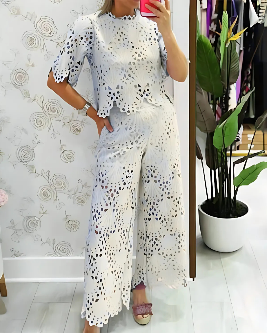 Conjunto de dos piezas con camisa de manga corta y pantalones anchos para mujer