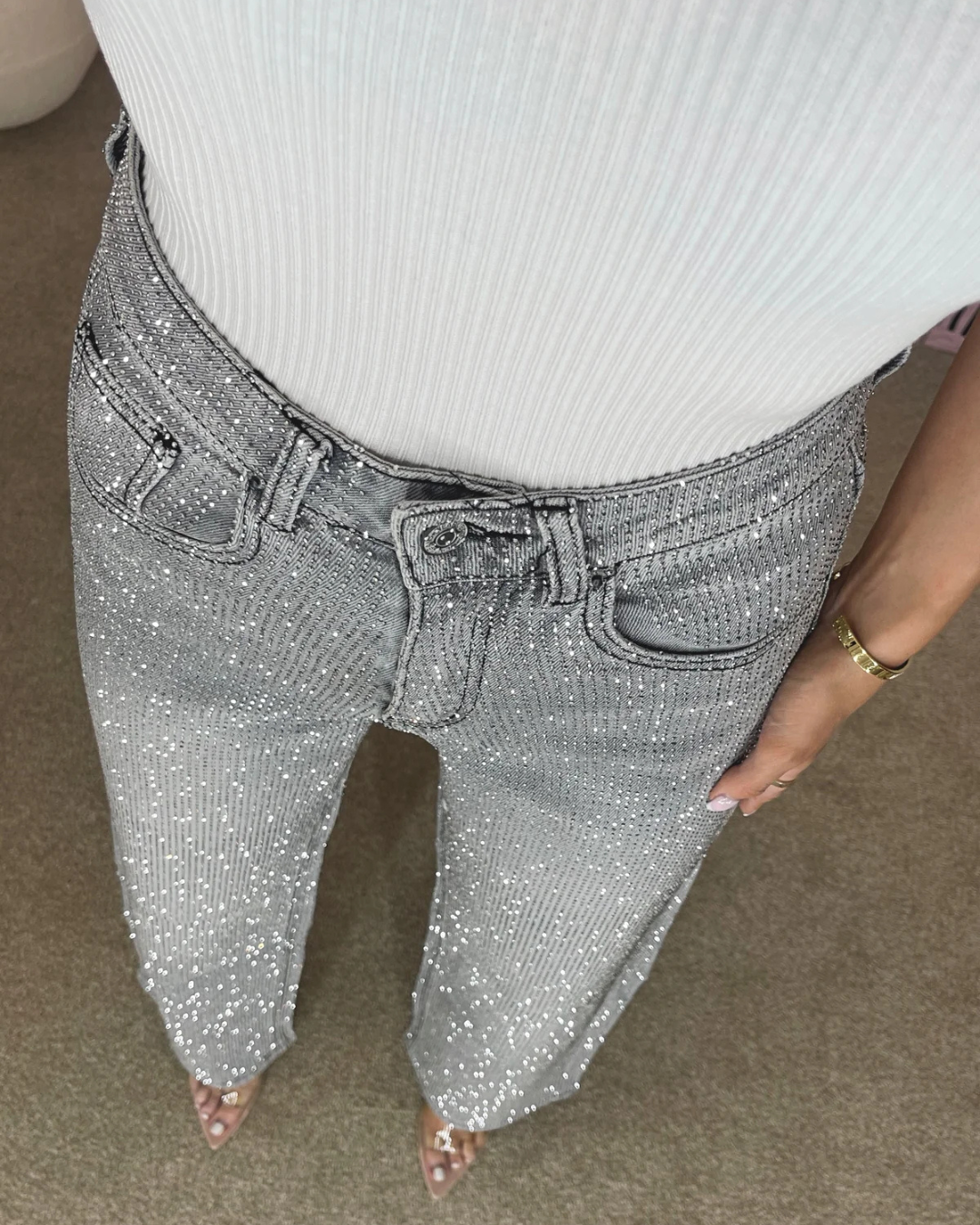 Pantalón estilo Vaqueros de Pierna Ancha con Diamante para Mujer
