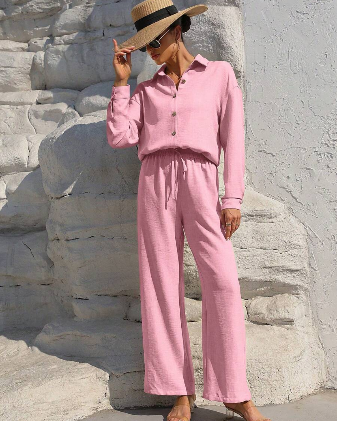 Conjunto de Camisa con Botones y Pantalón Ancho con Cintura Ajustada