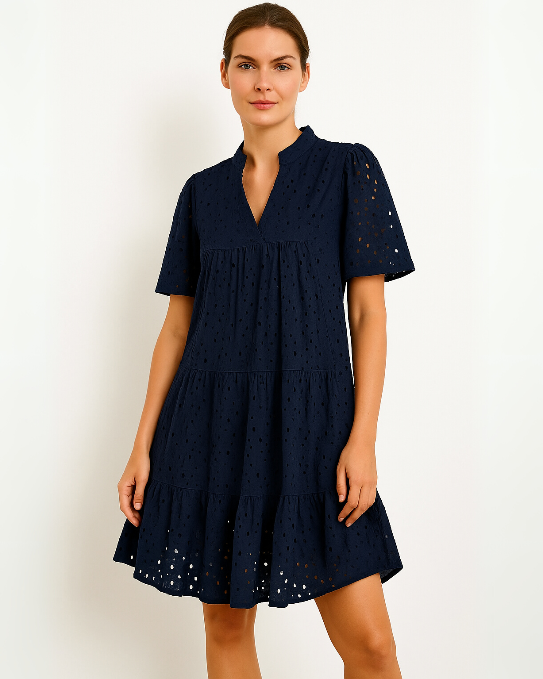 Vestido Mini Informal Elegante con Encaje Calado y Volantes para Mujer
