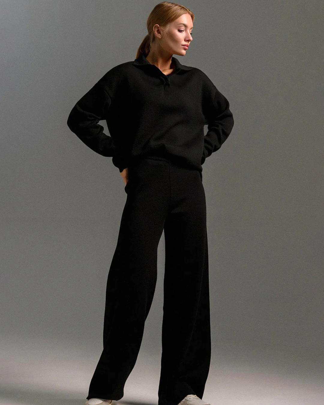 Conjunto de 2 Piezas para Mujer, Sudadera con Cuello de Polo y Pantalón de Pierna Ancha®